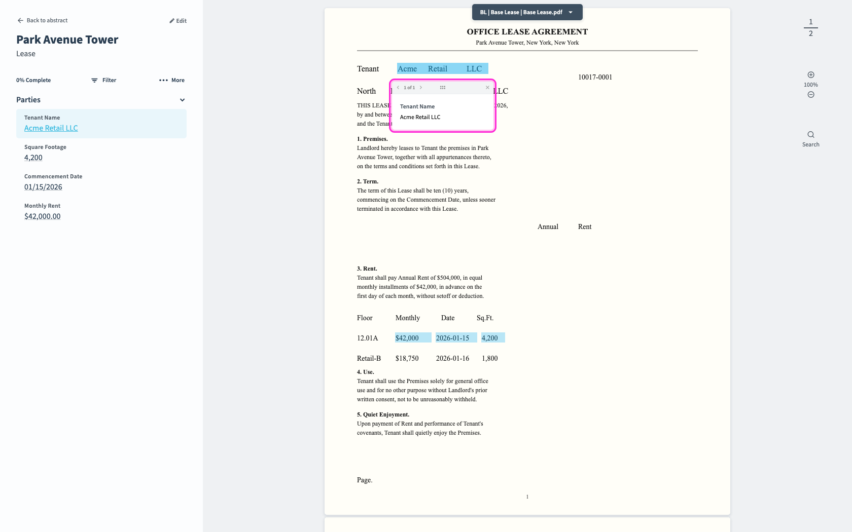 Click a reviewed value to open its link on the source document.