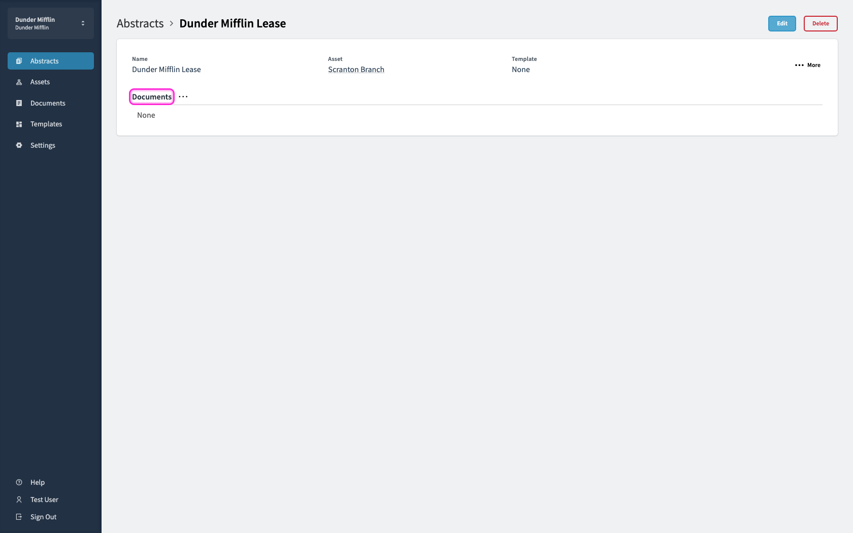 Open the abstract. The Documents section is empty until you upload the lease files.