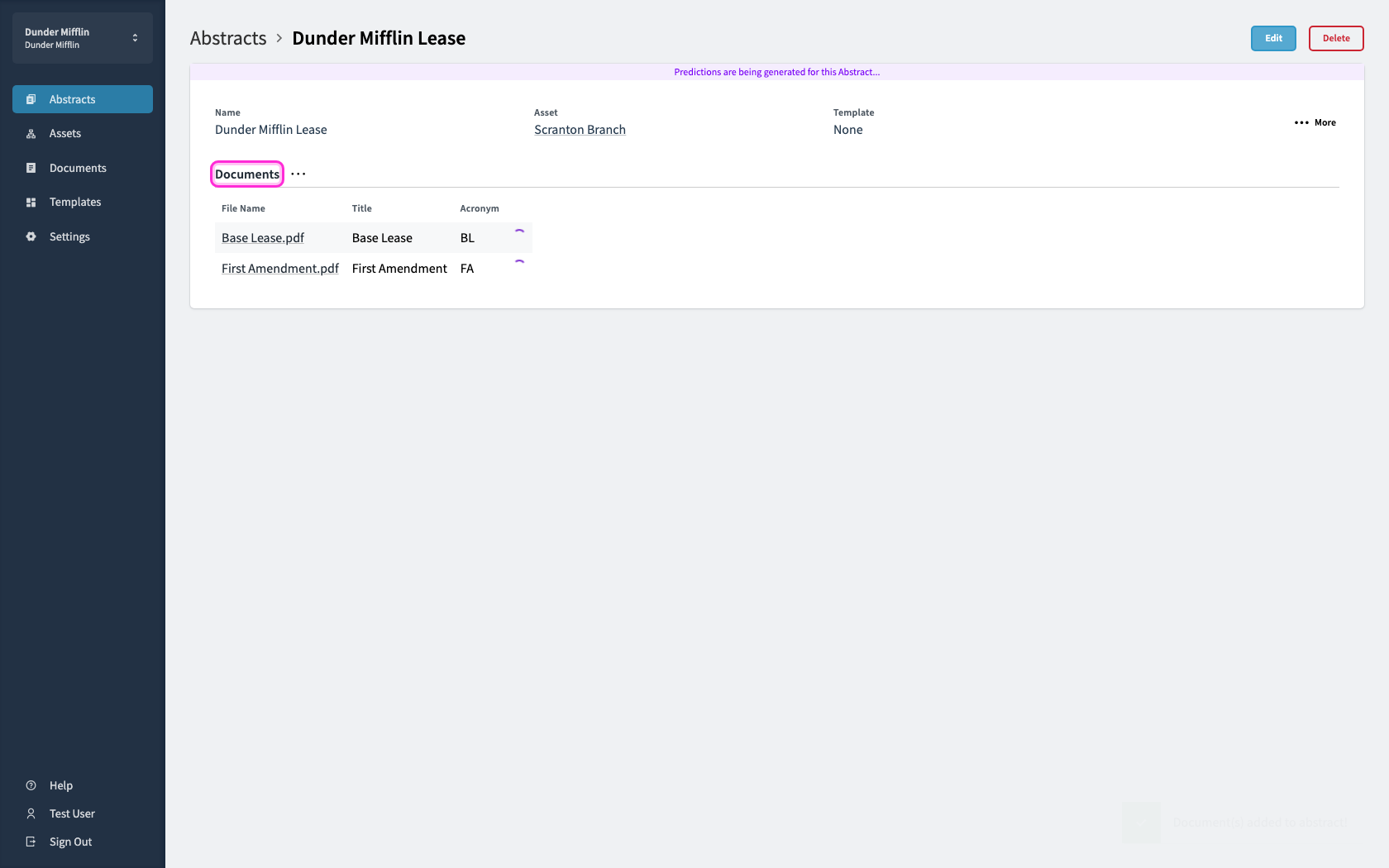 After upload, both documents appear and predictions start generating.