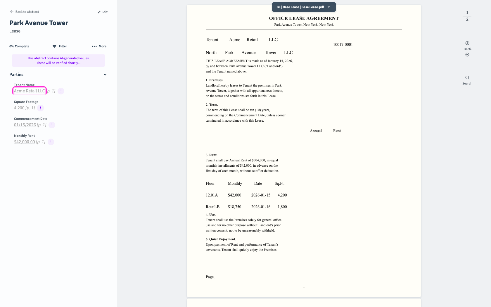 About 20 minutes after you upload, predicted values appear on the abstract. Predicted fields show an exclamation mark until they are human-reviewed.