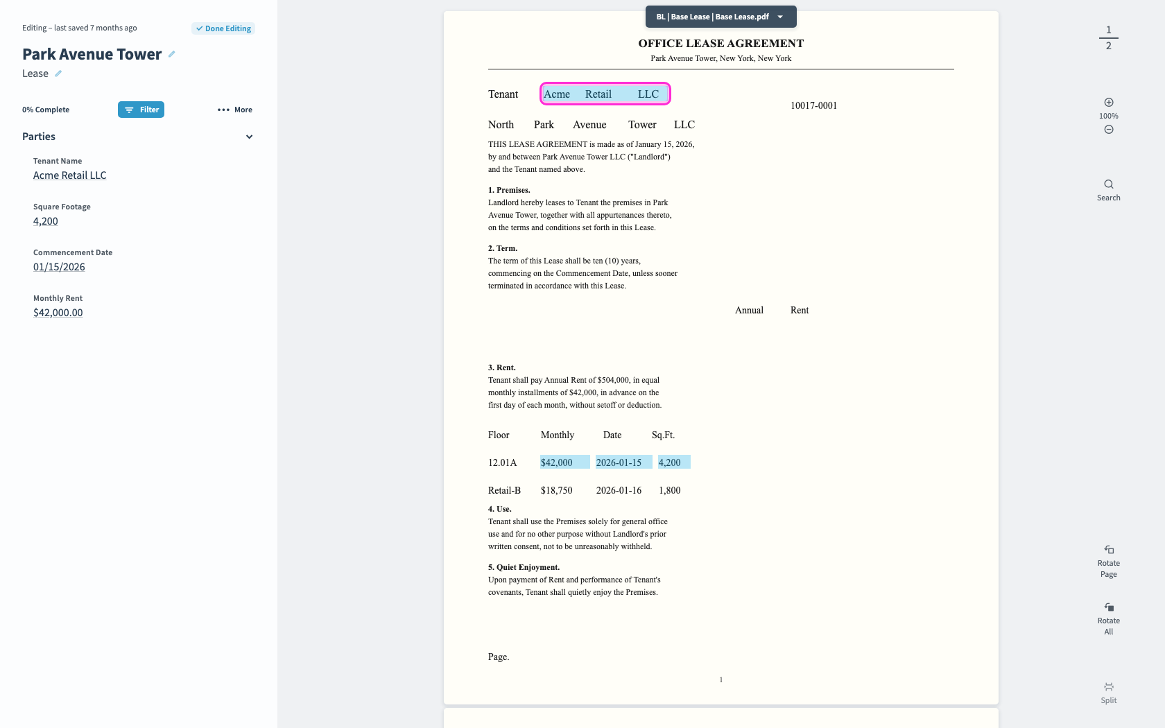Click an existing link, either in the fields panel or on the document, to open it.